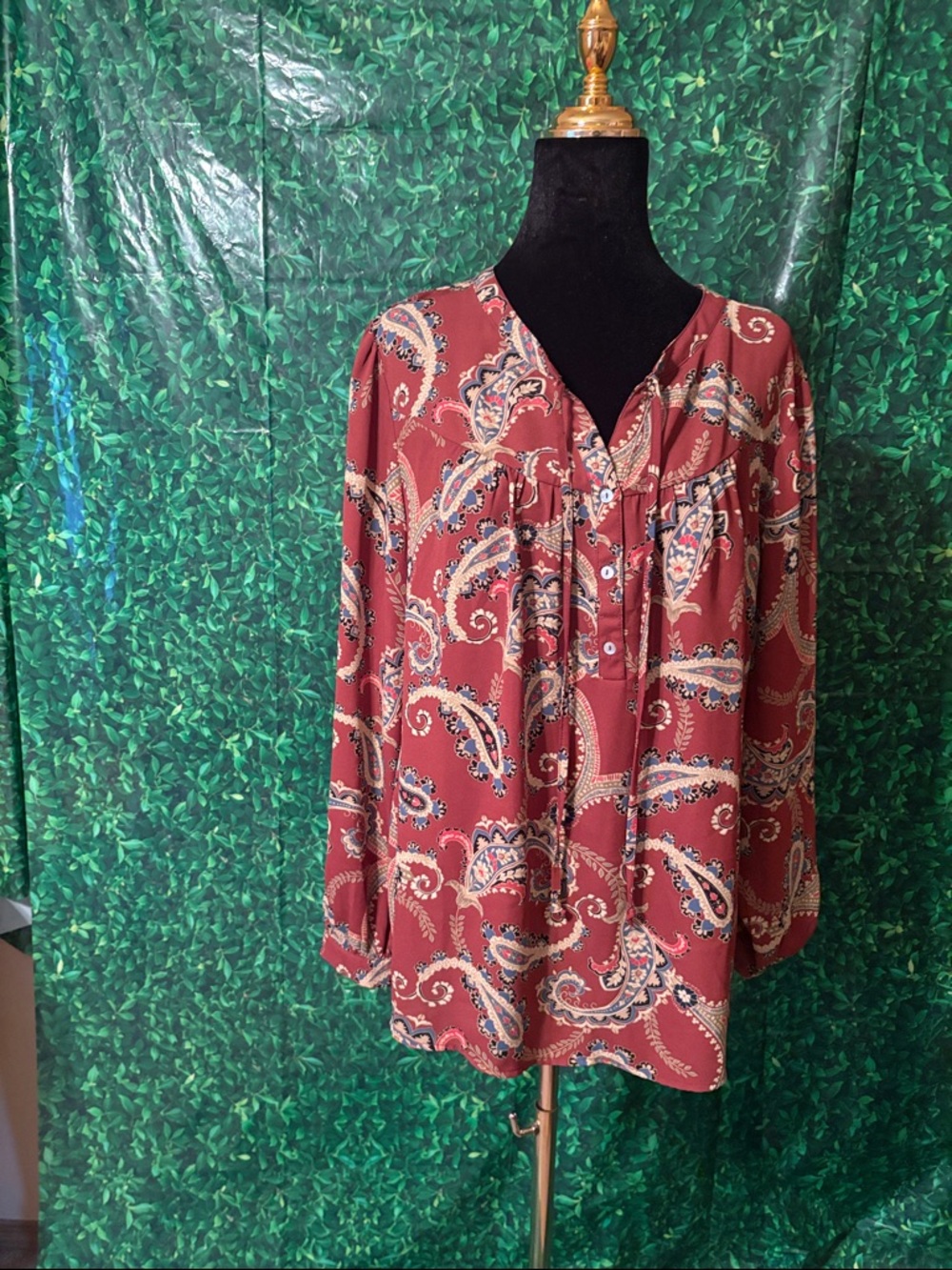 LOFT Paisley Half-Button-Front Blouse in Rust Red